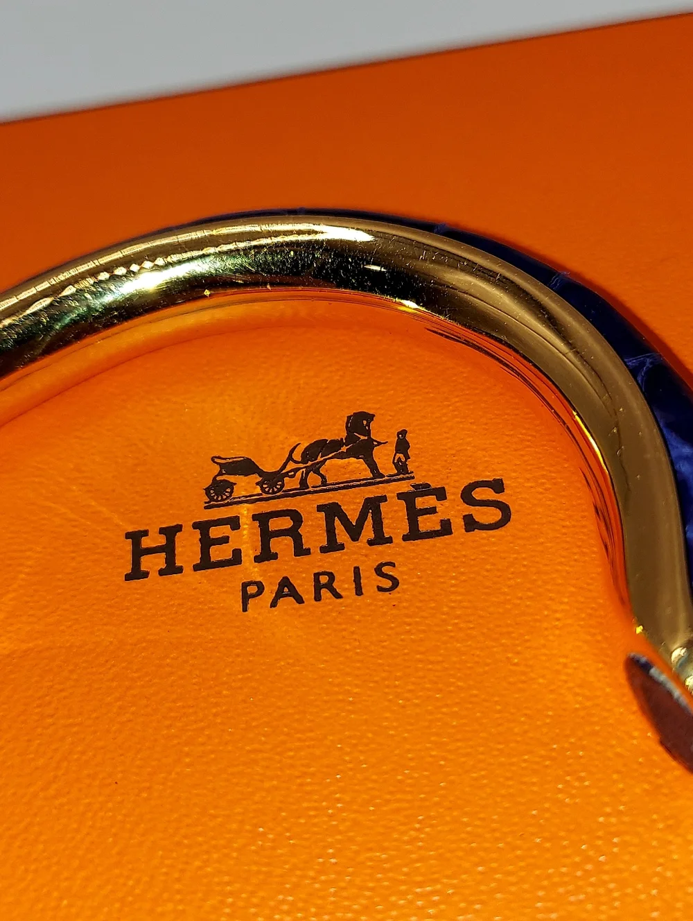 Vintage Unisex HERMES KYOTO Gold Tone  With Blue Leather Cuff Bangle Bracelet!
